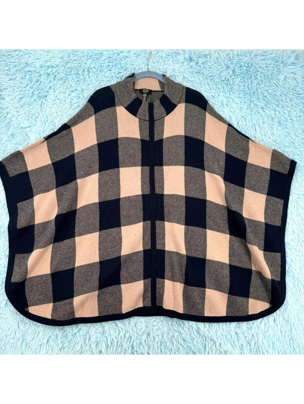 Jones New York Signature Plaid Poncho Cape Women’s 2-3XL Navy Blue Beige Wool